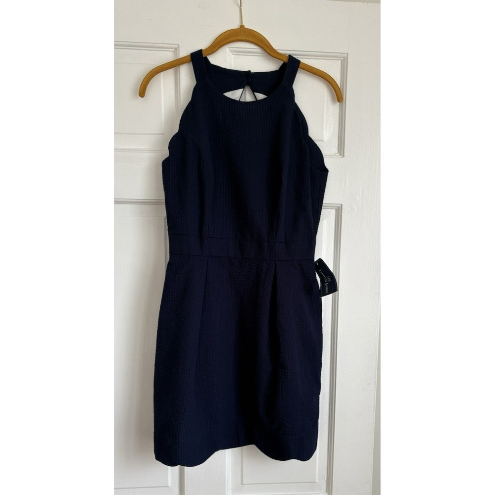 Lauren James Landry Dress Navy Solid‎ Seersucker Halter Keyhole Back Mini Small